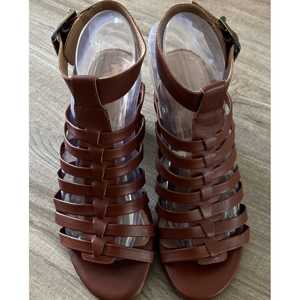 VIONIC Sami Cognac Brown Leather Strappy Heeled Sandals Womens Size 7.5